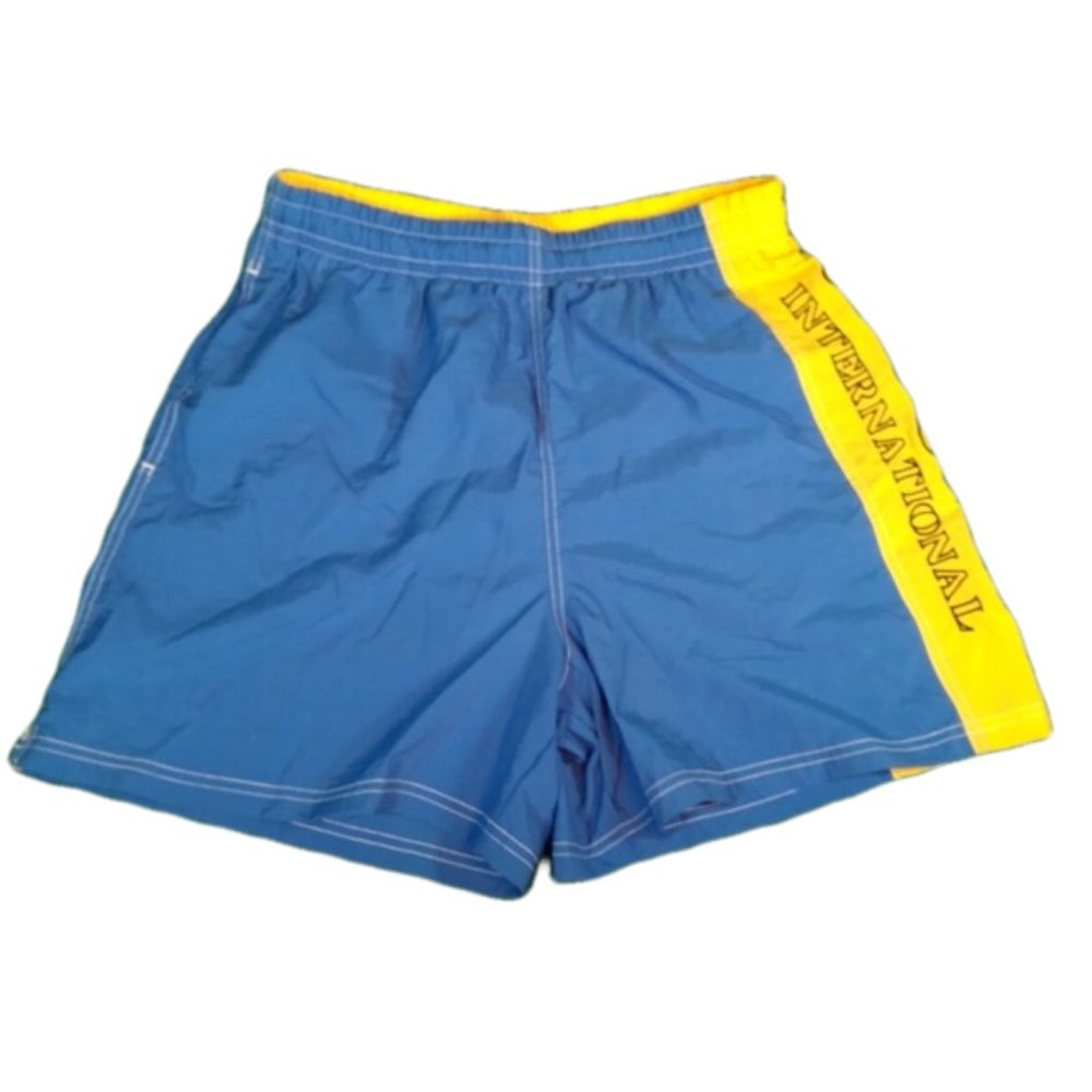 FILA International Swim Shorts Trunks Blue Yellow Spell Out Mens Size Large